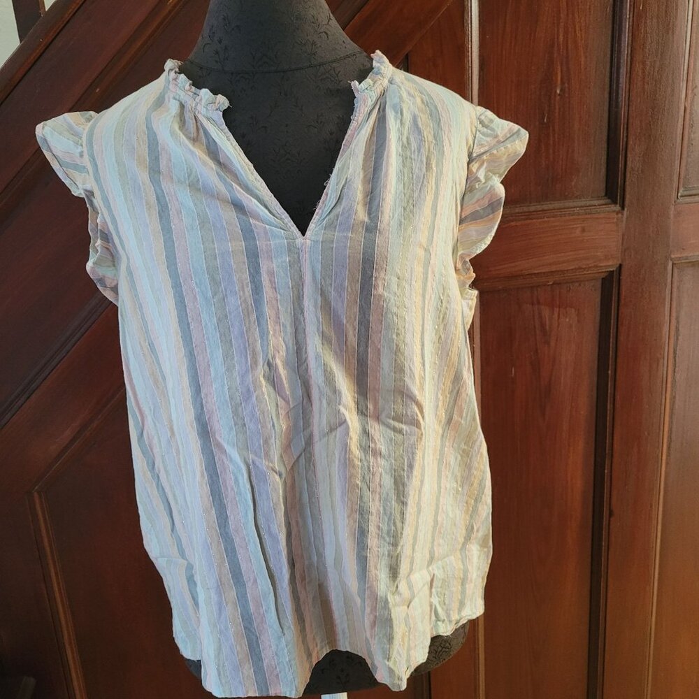 Gap Striped Sleeveless Blouse With Ruffle Sleeves Metallic Striped